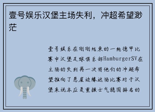 壹号娱乐汉堡主场失利，冲超希望渺茫