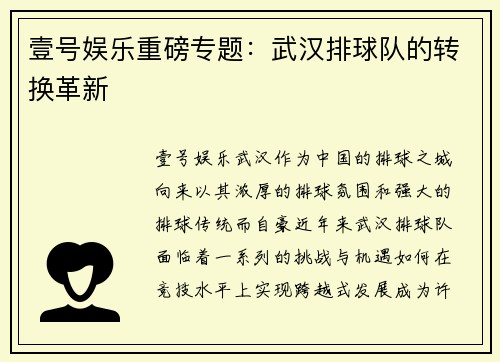 壹号娱乐重磅专题：武汉排球队的转换革新